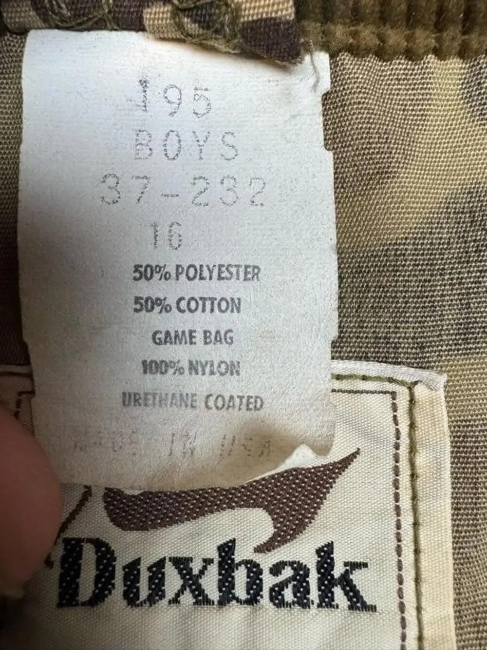 Vintage Duxbak Hunting Jacket Boys 16 Duck Hunter Camo Game Bag Canvas